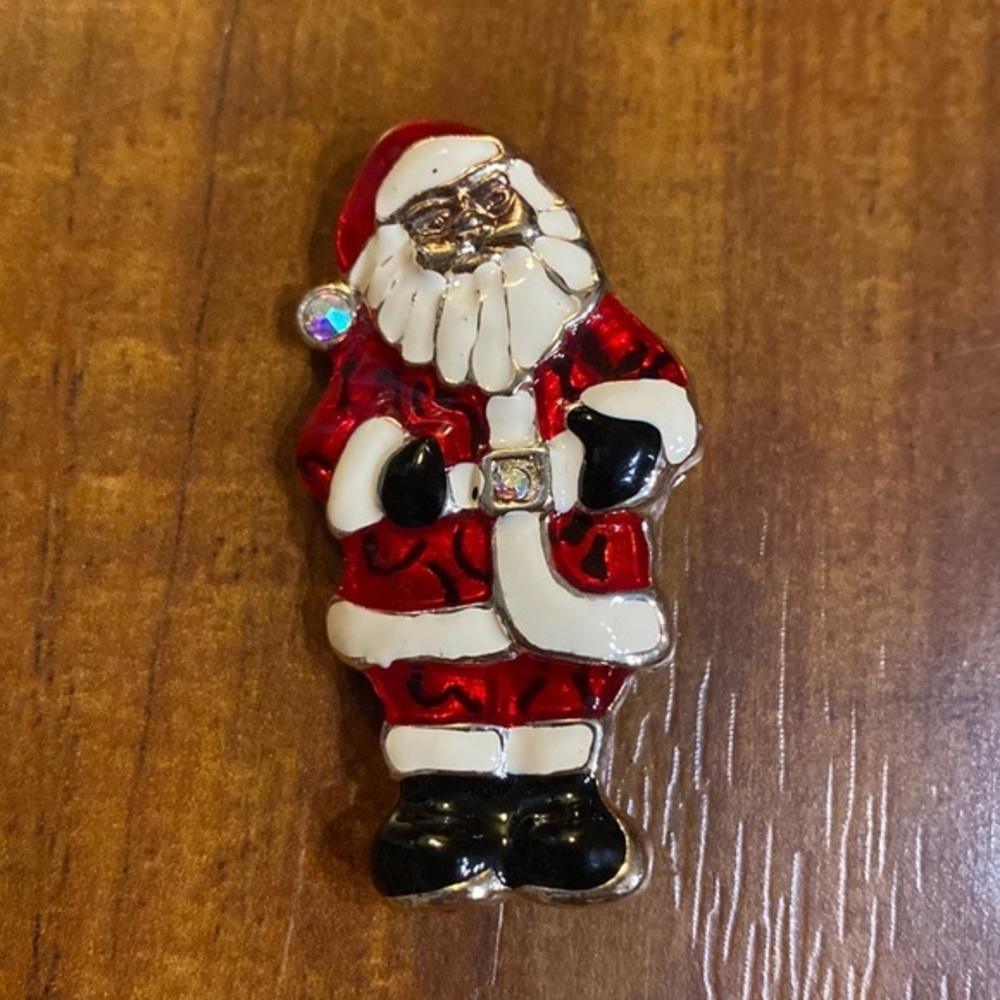 Vintage‎ Santa Claus Enamel Rhinestones Christmas Metal Brooch Pin